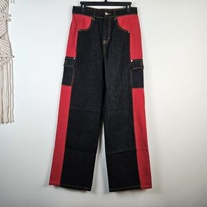 Finesse Black Red Patchwork Wide Leg Jeans Size S US 4-6 NWOT Statement